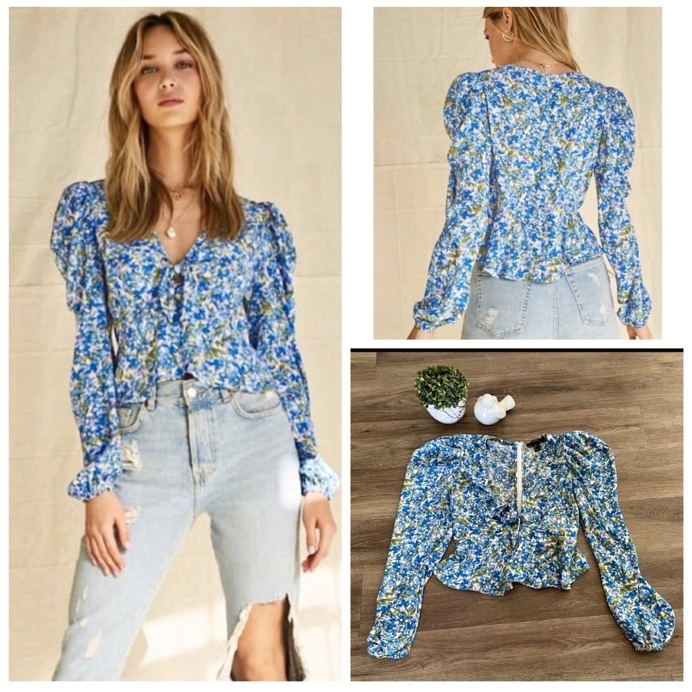 Forever‎ 21 Floral Crop Top Size M Puff Long Sleeve Tie Front Zip Back Blue
